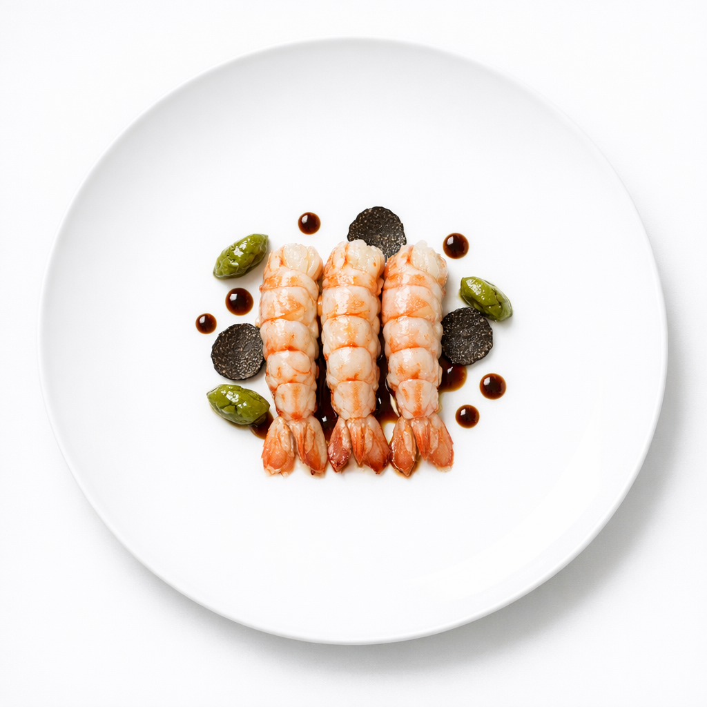 Zentriert angerichtete Langoustine mit dunkler Périgueux-Sauce, grüner Walnuss und Trüffelakzenten auf weißem Teller.
