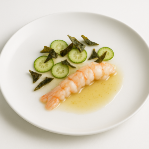 Langoustine mit Koji, grüner Erdbeere und Kombu auf weißem Teller, reduziert und fotorealistisch angerichtet.