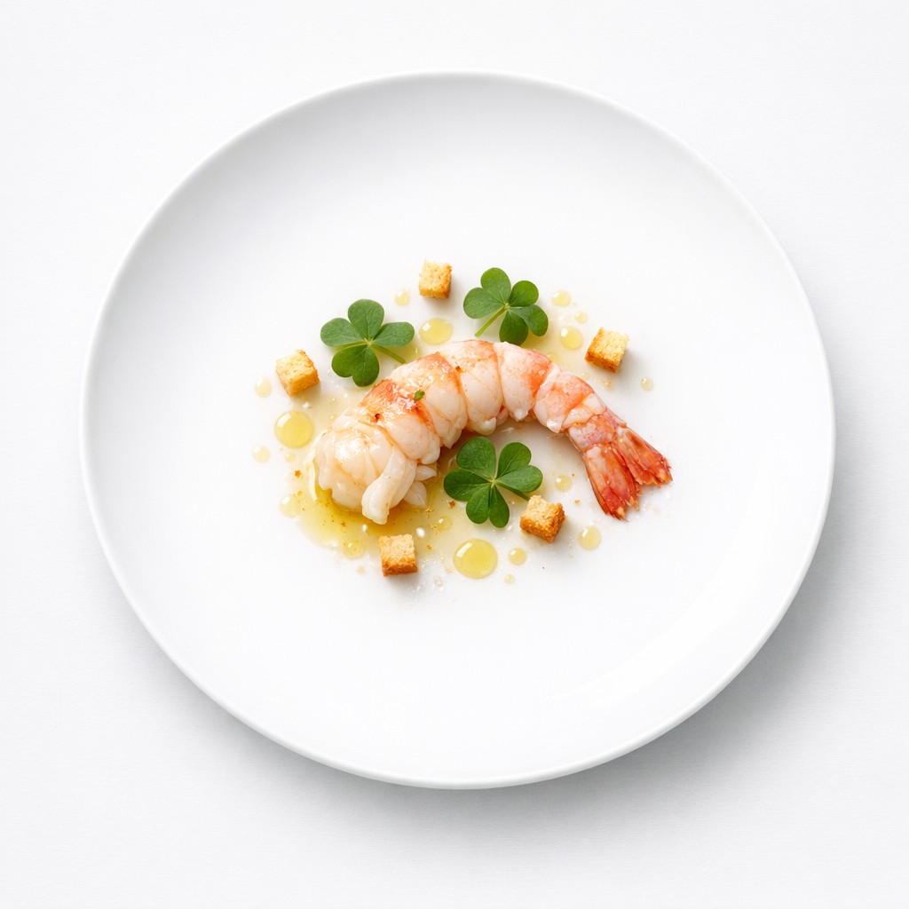 Langoustine auf weißem Teller mit hellem Vin-jaune-Sud, Sauerklee und Brioche-Crumble, minimalistisch angerichtet.