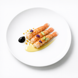 Präzise angerichtete glacierte Langoustine mit heller Vin-jaune-Sauce, schwarzem Knoblauch und feinem Brioche-Element auf weißem Teller