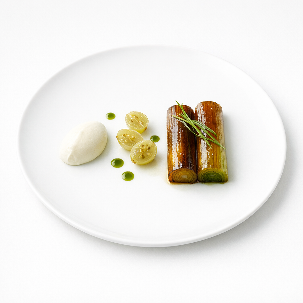 Reduziertes Spitzengericht mit Lauch, Kefircreme, Kimchi-Blatt-Öl und fermentierter Stachelbeere auf weißem Teller