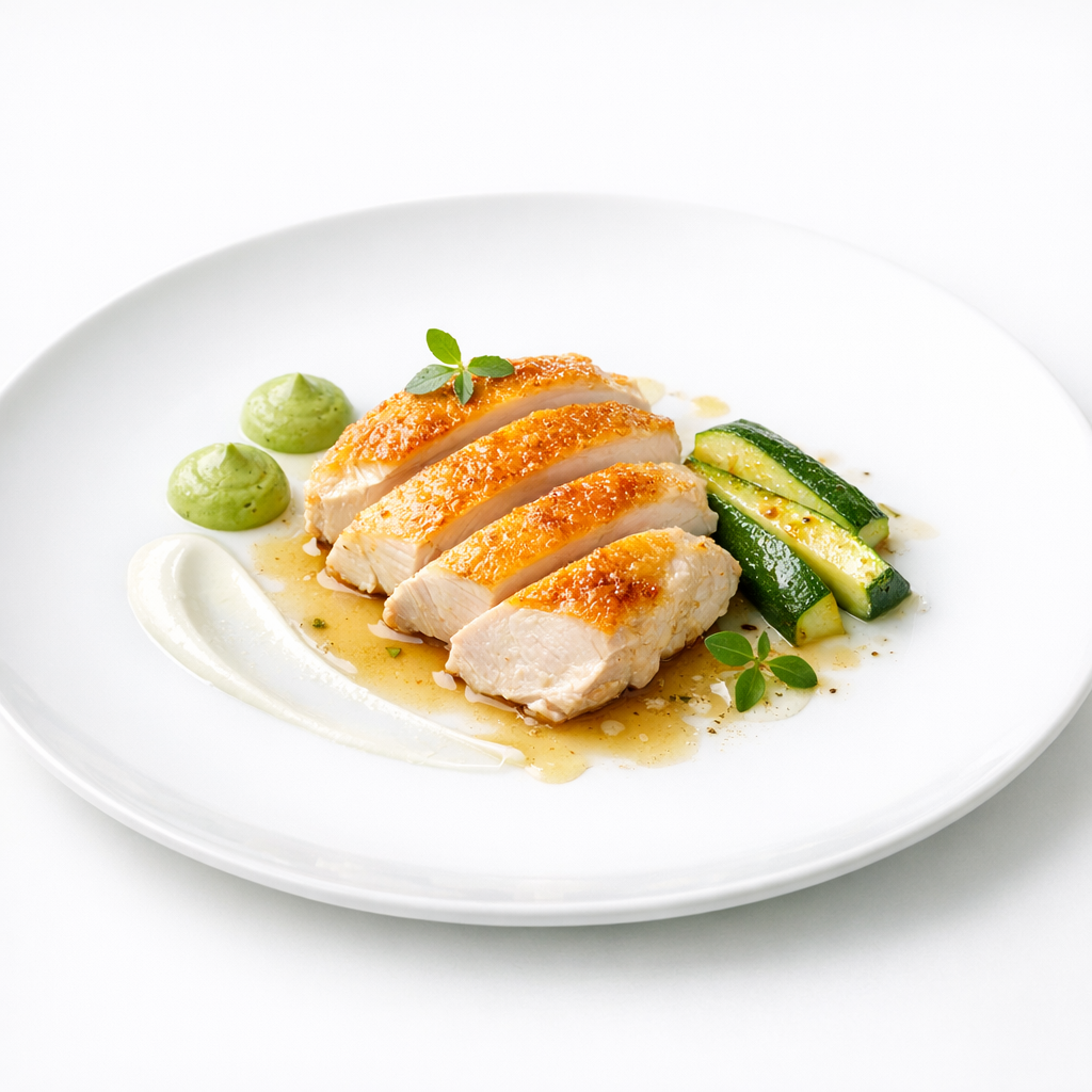 Glasig gegarte Maispoularde mit grüner Olive, Joghurt und Verbenejus auf weißem Teller