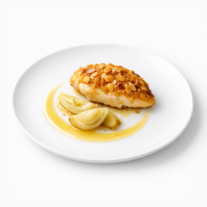 Maispoularde mit feiner Mandelkruste, geschmortem Fenchel und heller Zitronenjus auf weißem Teller