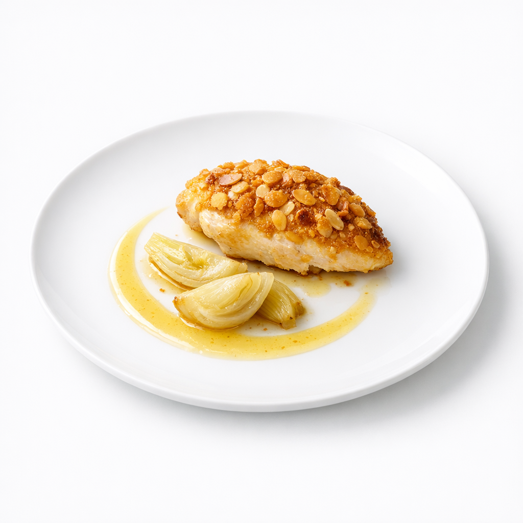 Maispoularde mit feiner Mandelkruste, geschmortem Fenchel und heller Zitronenjus auf weißem Teller