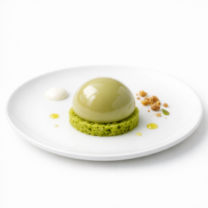 Maronen-Dessert mit Olivenöl-Biskuit, weißem Joghurt und heller Olivenglasur auf weißem Teller