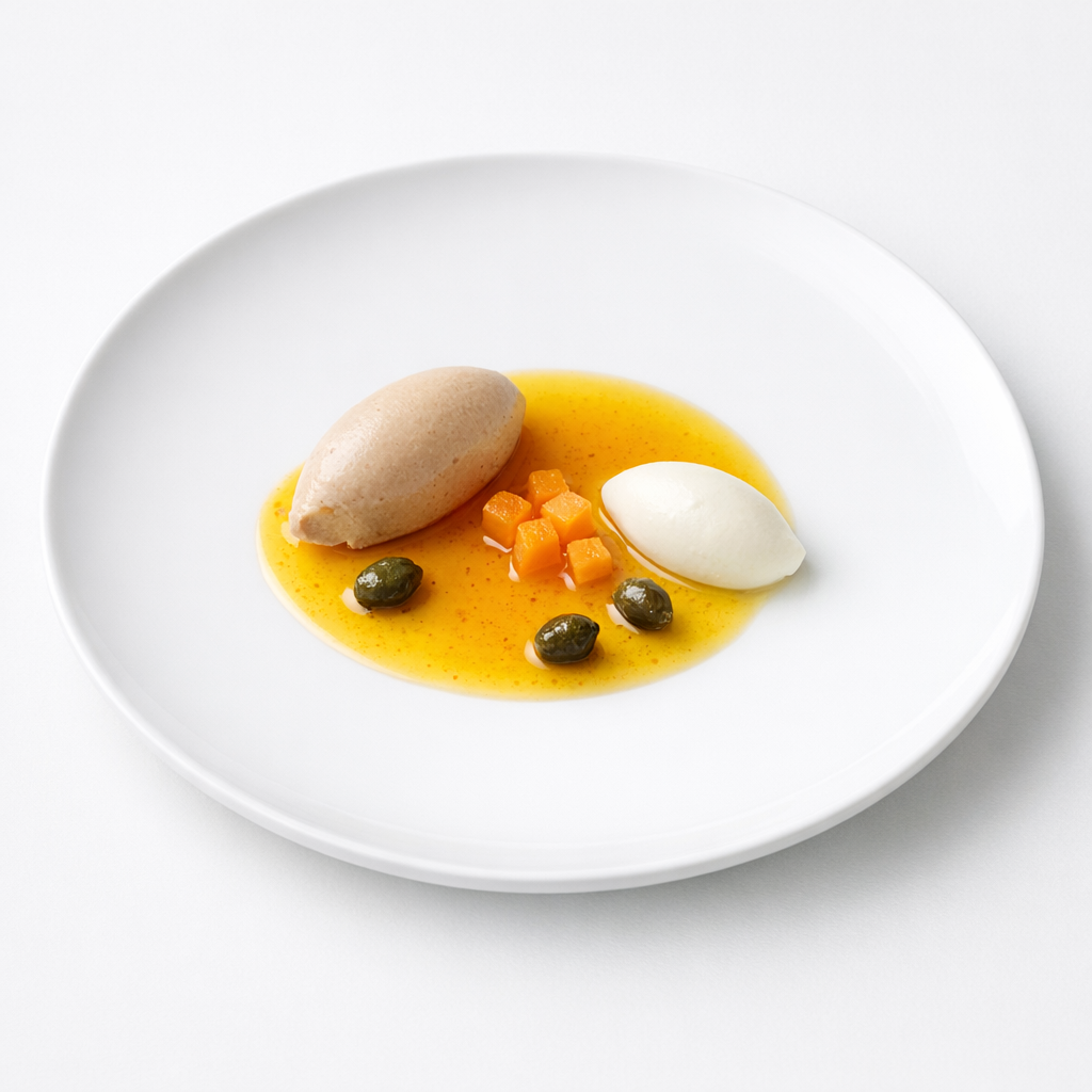 Minimalistisch angerichtetes Dessert aus Maronenparfait, Safransud, Joghurtcreme und kandierten Kapern auf weißem Teller