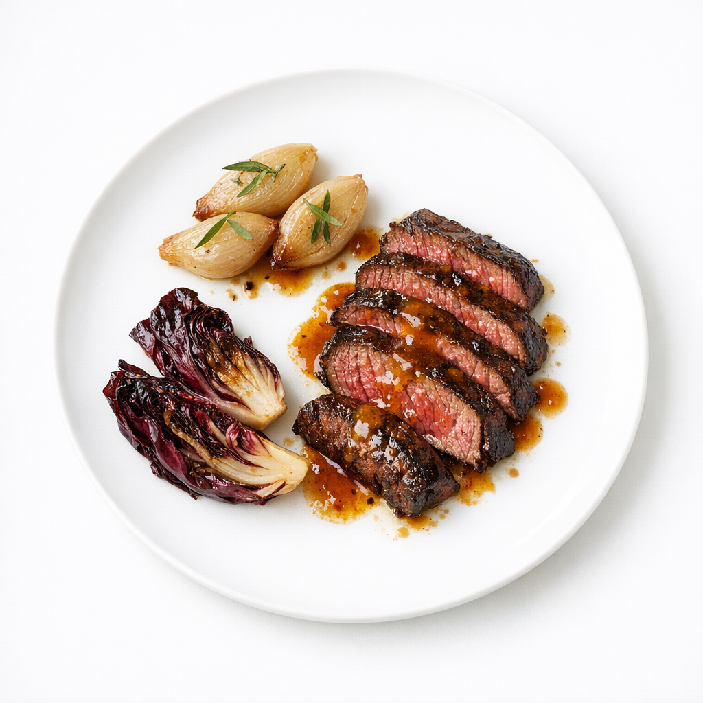 Scharf angebratenes Onglet mit Safran-Miso-Lack, Estragonzwiebeln und geröstetem Radicchio auf weißem Teller