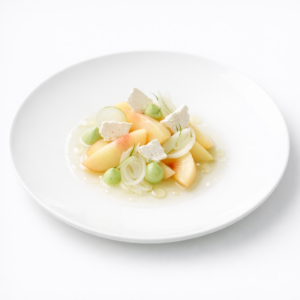 Präzise angerichtetes Dessert aus Pfirsich, heller Estragoncreme und feiner Meringue auf weißem Teller mit viel Weißraum