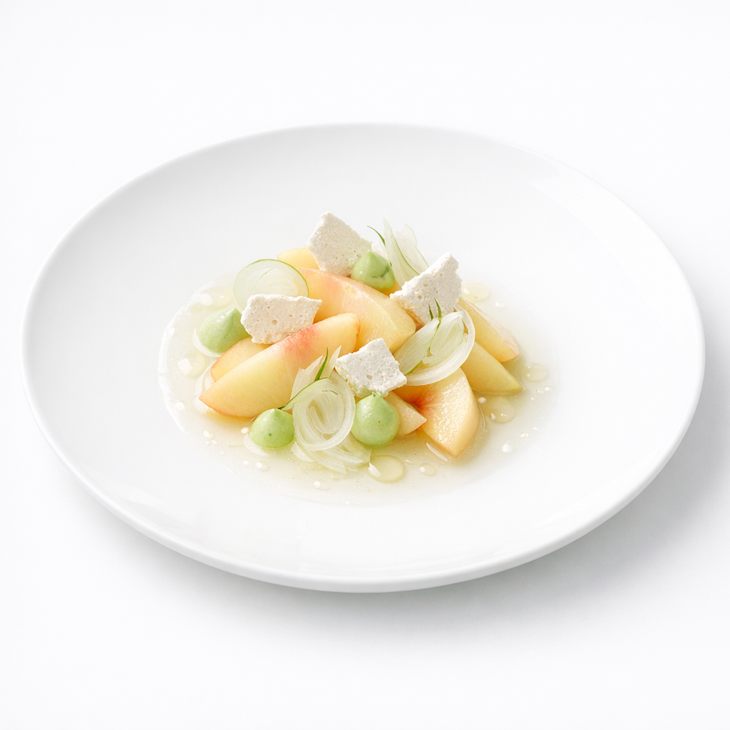 Präzise angerichtetes Dessert aus Pfirsich, heller Estragoncreme und feiner Meringue auf weißem Teller mit viel Weißraum