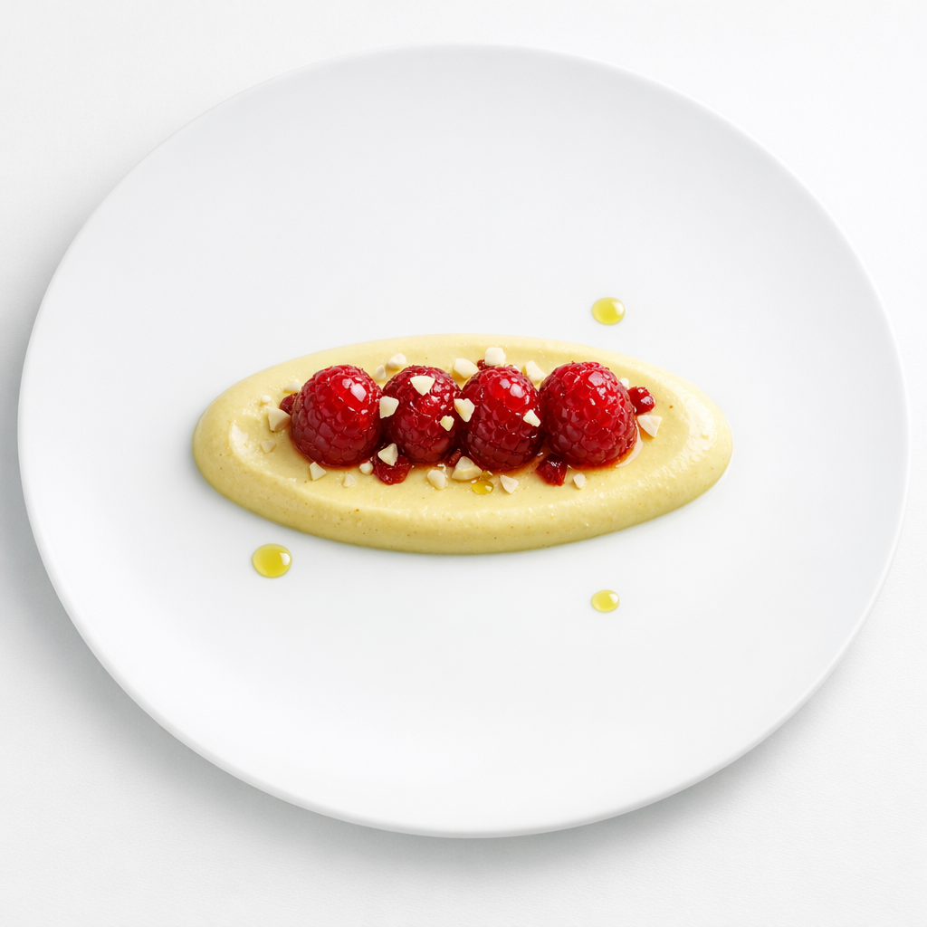 Pochierte Himbeeren mit Safran-Mandelcreme und glänzender Olivenölglasur auf weißem Teller