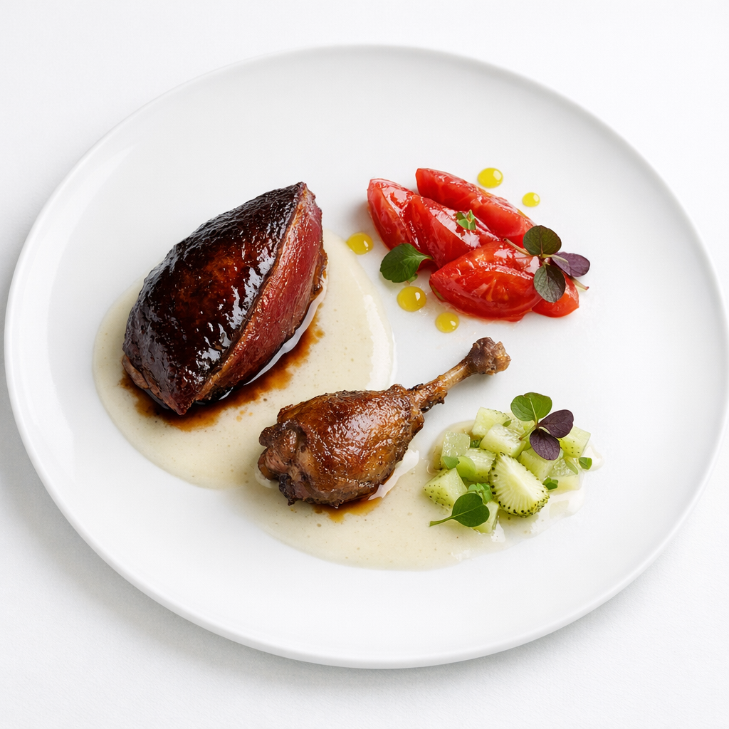 Präzise glasierte Taube mit Amela-Tomate, geräucherter Molke und grüner Erdbeere auf weißem Teller