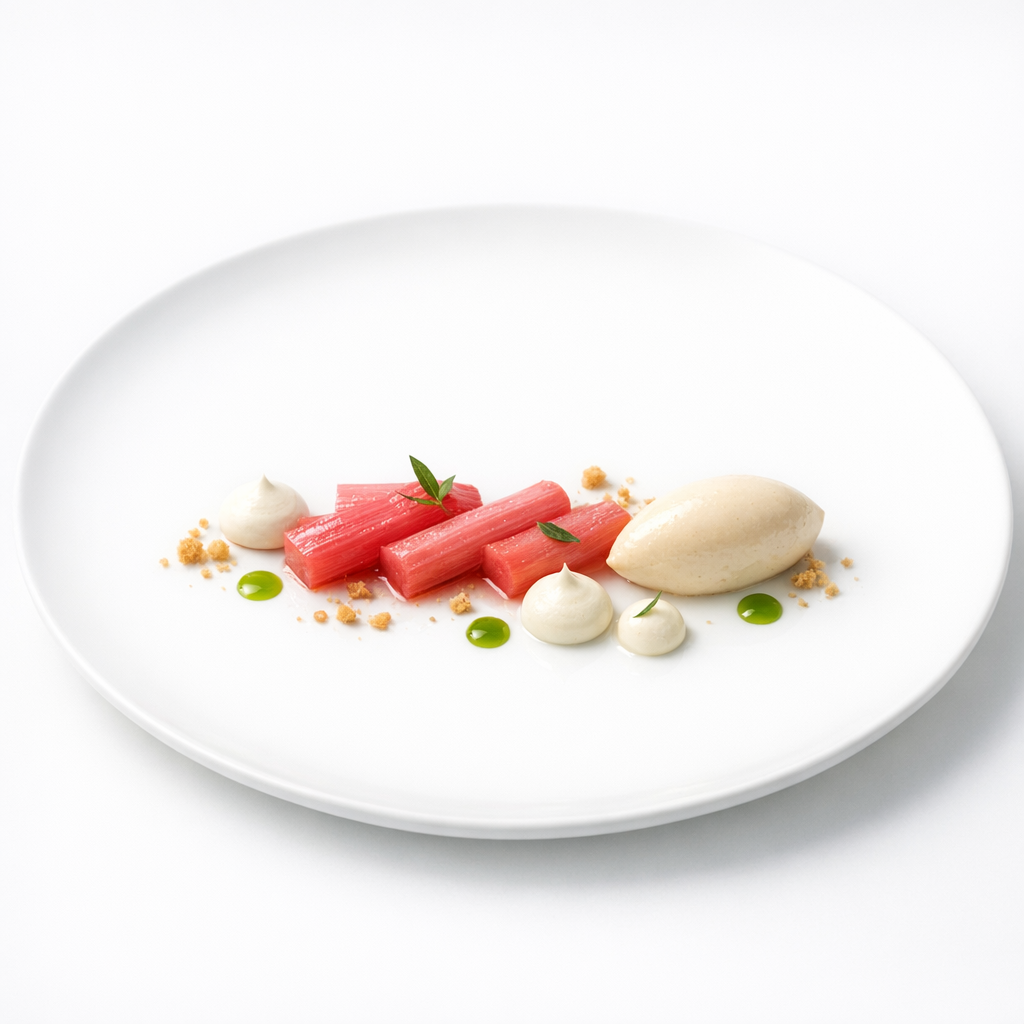 Zentriert angerichtetes Dessert mit Rhabarber, heller Glace, Estragonöl und Elementen aus weißer Schokolade auf weißem Teller vor hellem Hintergrund