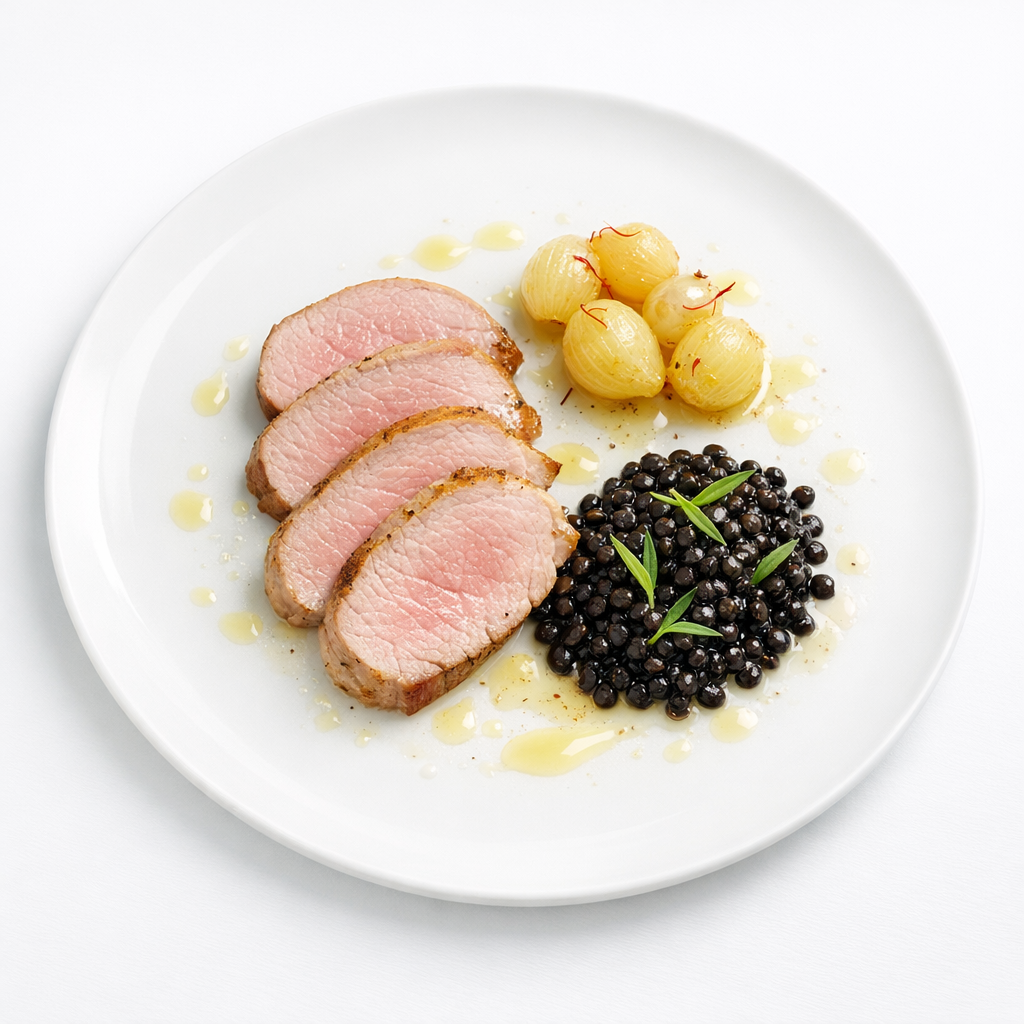 Rosa aufgeschnittenes Schweinefilet mit goldenen Safran-Zwiebeln, glänzendem Verbenenlack und grünen Estragon-Linsen auf weißem Teller