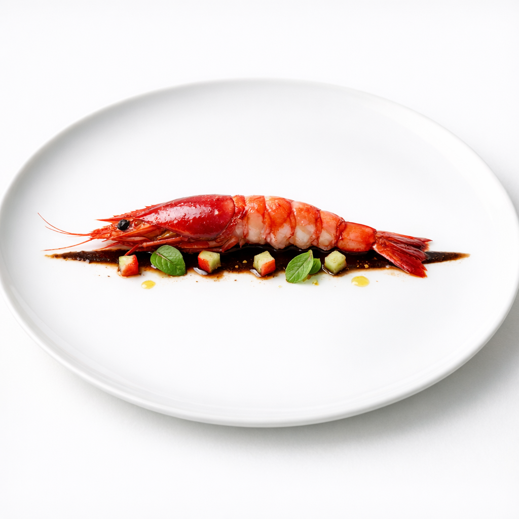 Rote Garnele auf weißem Teller mit klarer Jus, feinen grünen Akzenten und viel Weißraum