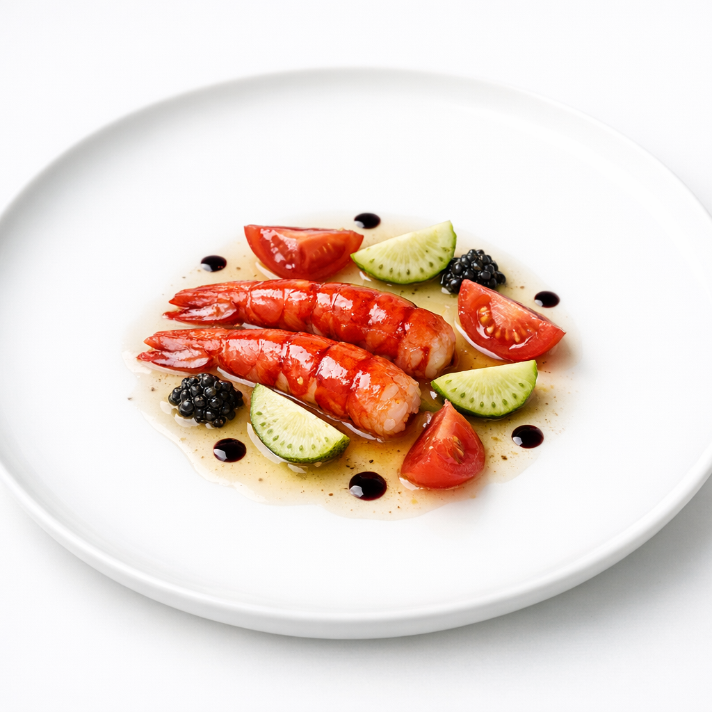 Präzise glasierte rote Garnele mit grüner Erdbeere, Amela-Tomate, Kaviar und hellem geräuchertem Fond auf weißem Teller