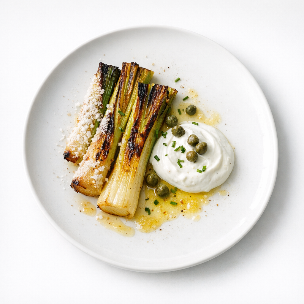 Salzgebackener Lauch auf weißem Teller mit Kapern-Joghurt und glänzender Zitronenbutter, minimalistisch angerichtet