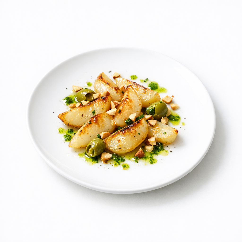 Sanft karamellisierter Kohlrabi mit Oliven, Mandel und Kräuteröl auf weißem Teller