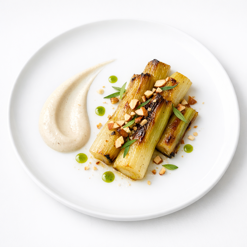 Sanft karamellisierter Lauch mit Mandelcreme, heller Miso-Glasur und Estragon auf weißem Teller