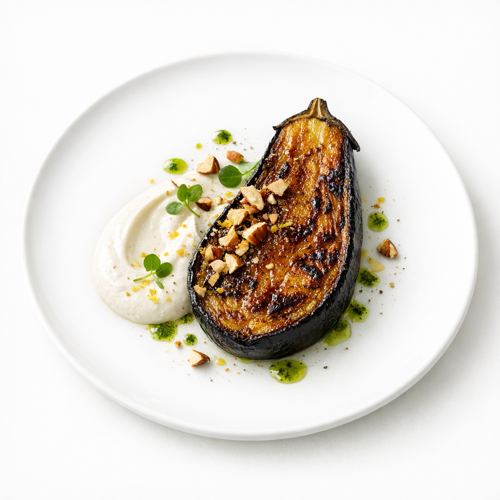Scharf angebratene Aubergine mit Mandeljoghurt, Kräuteröl und gerösteten Mandeln auf weißem Teller