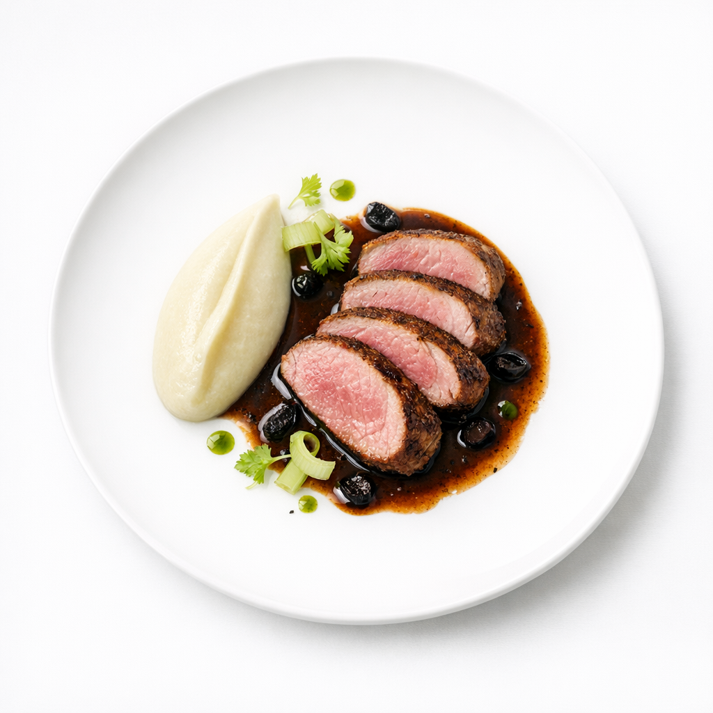 Scharf angebratener Lammrücken mit dunkler Oliven-Vanille-Jus, Selleriecreme und feinem Kräuteröl auf weißem Teller