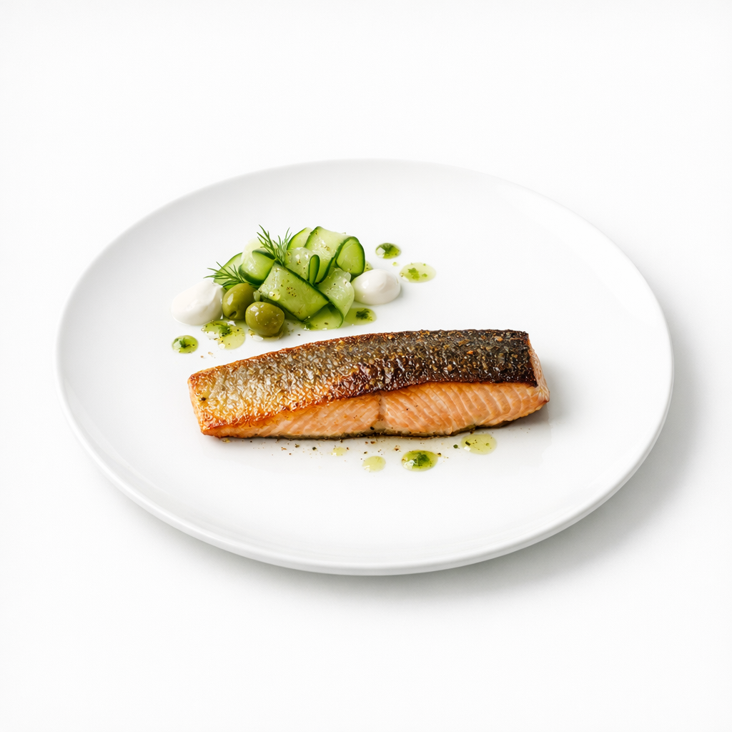 Scharf gebratene Forelle mit Oliven-Vinaigrette, Gurke und Vanillejoghurt auf weißem Teller