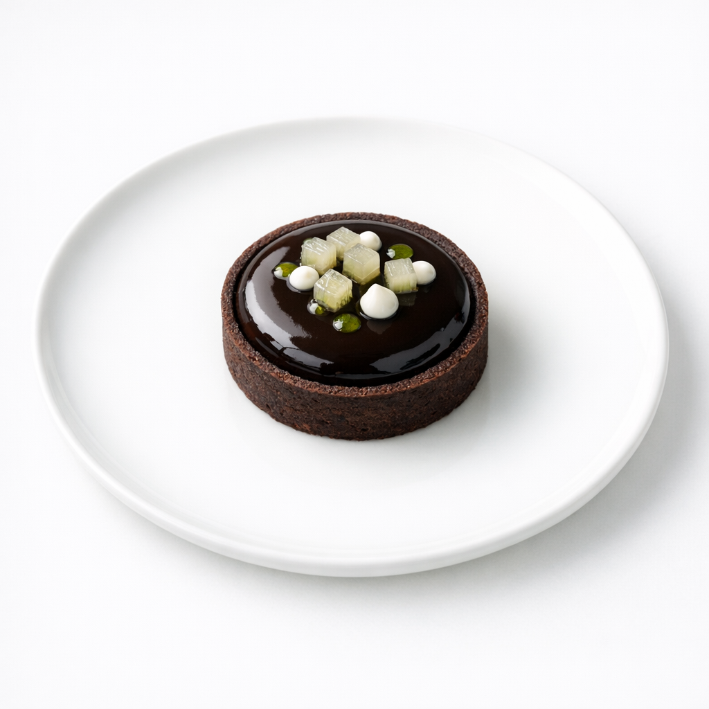 Schokoladen-Tartelette mit glänzender dunkler Ganache, feinem Fenchel und einem kleinen Akzent aus Joghurt auf weißem Teller