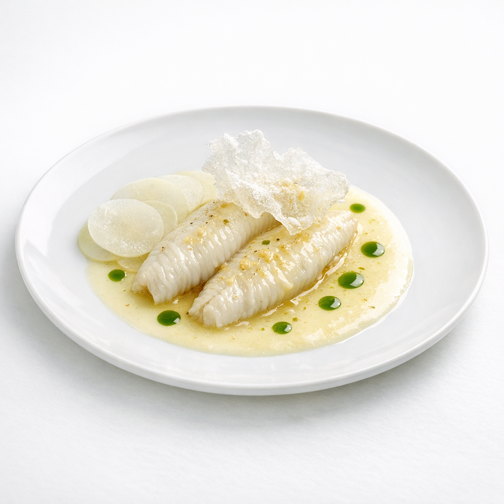 Seezunge mit Koji-Butter, heller Yuzu-Emulsion und grünem Zitronenblattöl auf weißem Teller