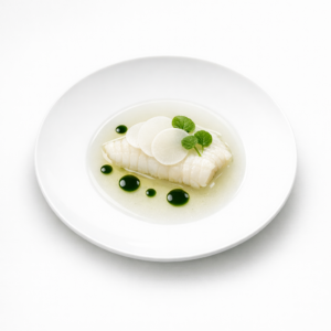 Seezunge mit klarer Koji-Dashi, Wasabi-Blatt und Nori-Öl auf weißem Teller