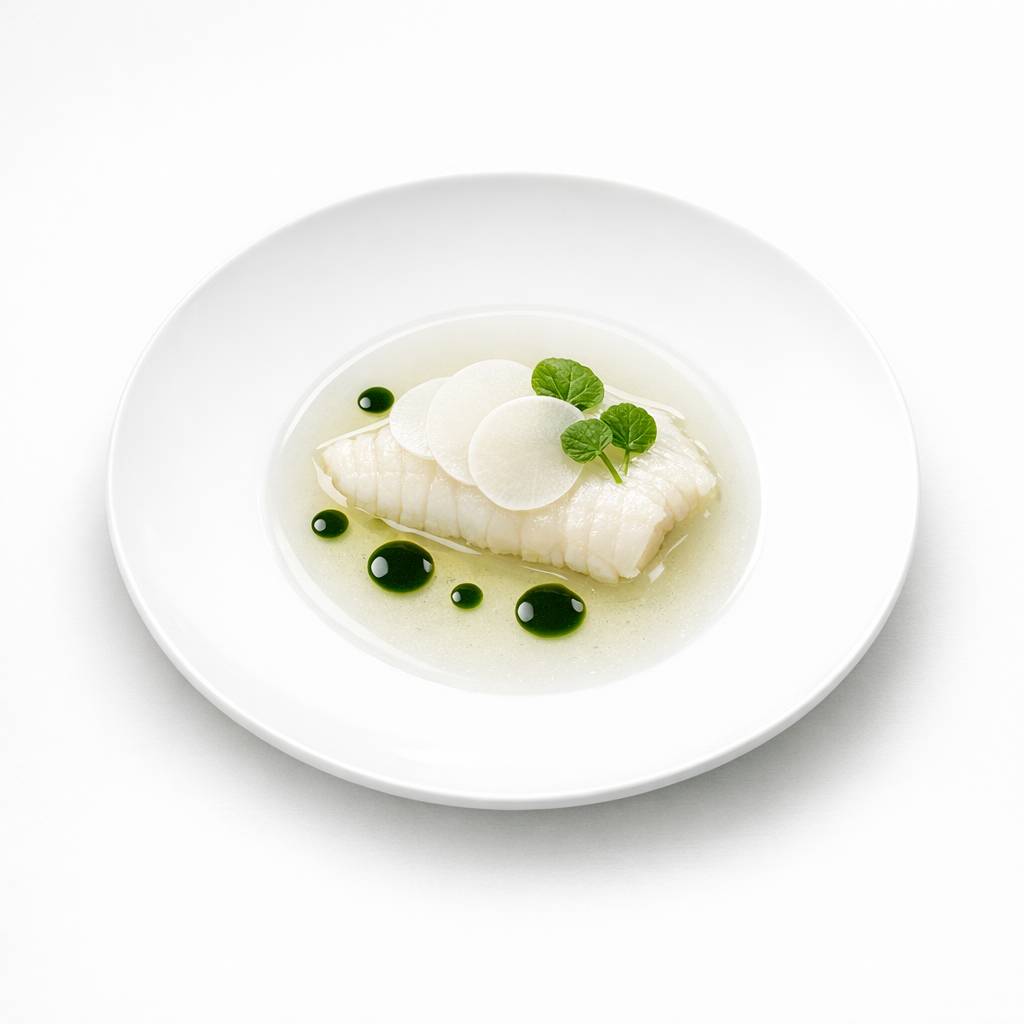 Seezunge mit klarer Koji-Dashi, Wasabi-Blatt und Nori-Öl auf weißem Teller