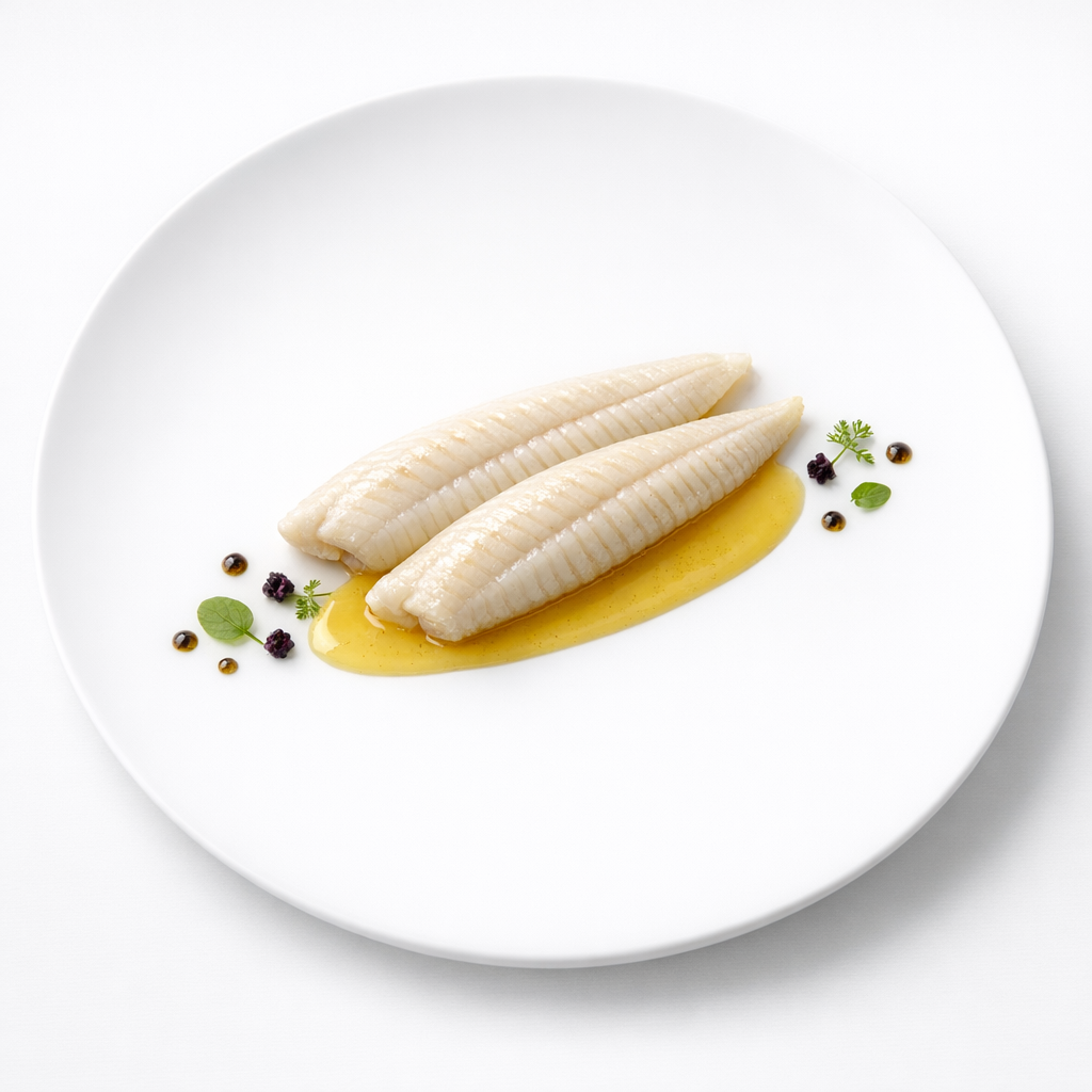 Seezunge mit Vin-jaune-Sauce, Blütenknospen und Tonka auf weißem Teller in ruhiger Editorial-Ästhetik