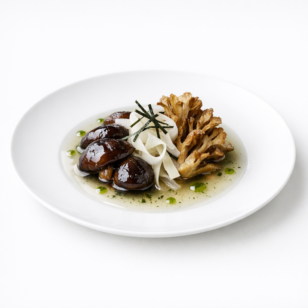 Shiitake mit kaltem Nori-Dashi, Maitake und Yuzu-Kosho-Öl auf weißem Teller, minimalistisch und editorial angerichtet