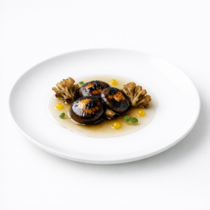 Editorial angerichteter Shiitake mit Maitake, klarem Kombu-Fond und Yuzu auf weißem Teller