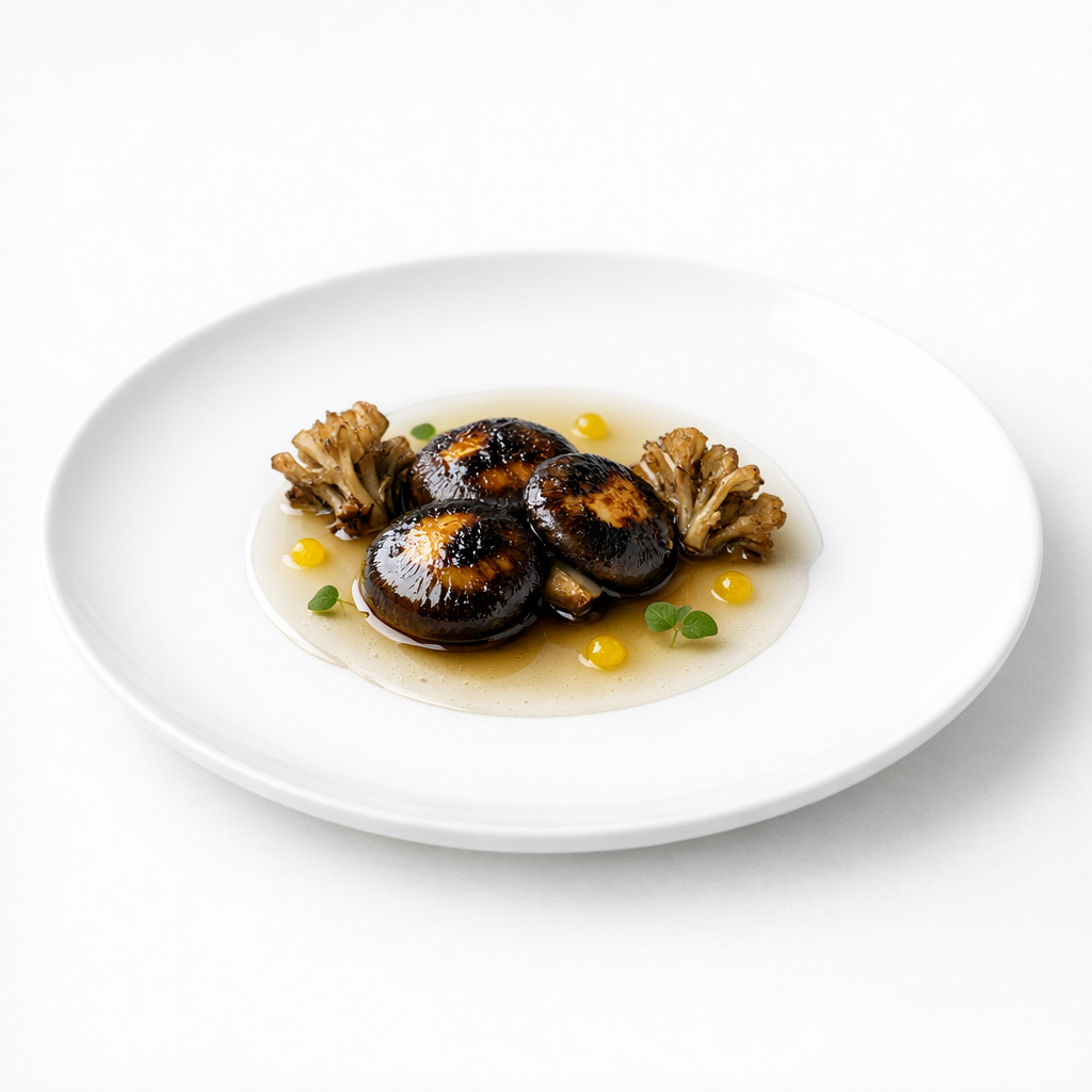 Editorial angerichteter Shiitake mit Maitake, klarem Kombu-Fond und Yuzu auf weißem Teller