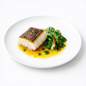 Skrei auf weißem Teller mit goldenem Safran-Olivenfond, jungem Mangold und feinem Kräuteröl, minimalistisch angerichtet