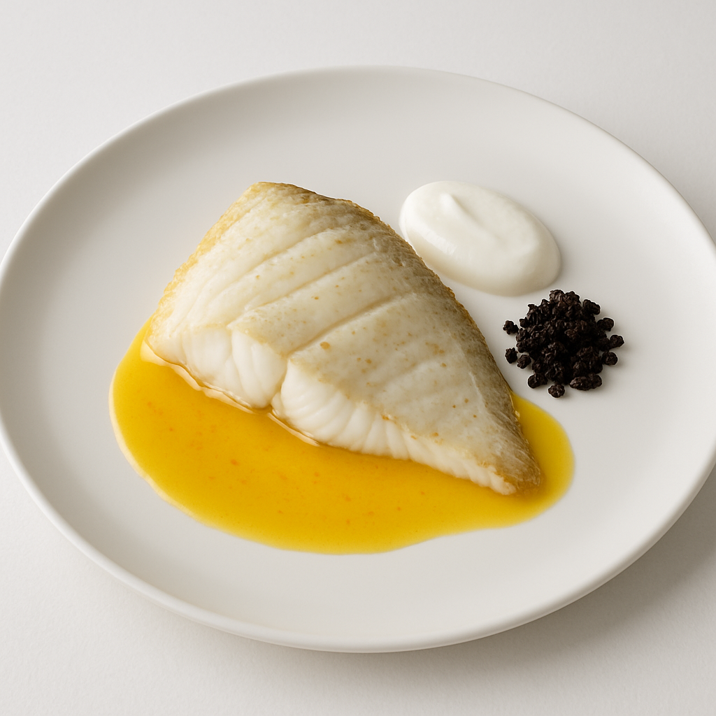 Steinbutt auf weißem Teller mit Safransauce, Joghurt und Olivenöl, minimalistisch angerichtet