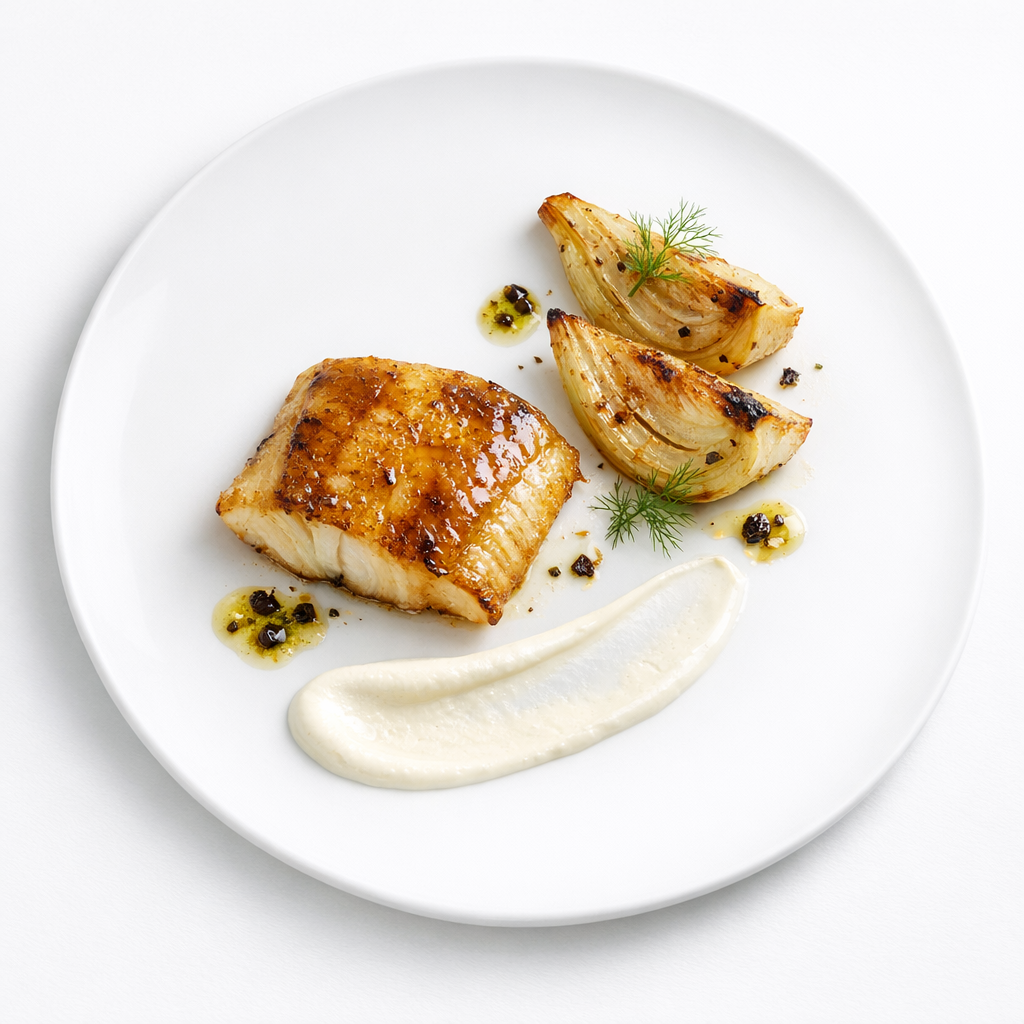 Kurz lackierter Steinbutt mit gebranntem Fenchel, Joghurt und warmer Olivenbutter auf weißem Teller