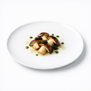 Mikropräzise angerichtete Steinpilze mit hellem Koji-Lack, Kimchi-Blatt-Öl und Kaviar auf weißem Teller