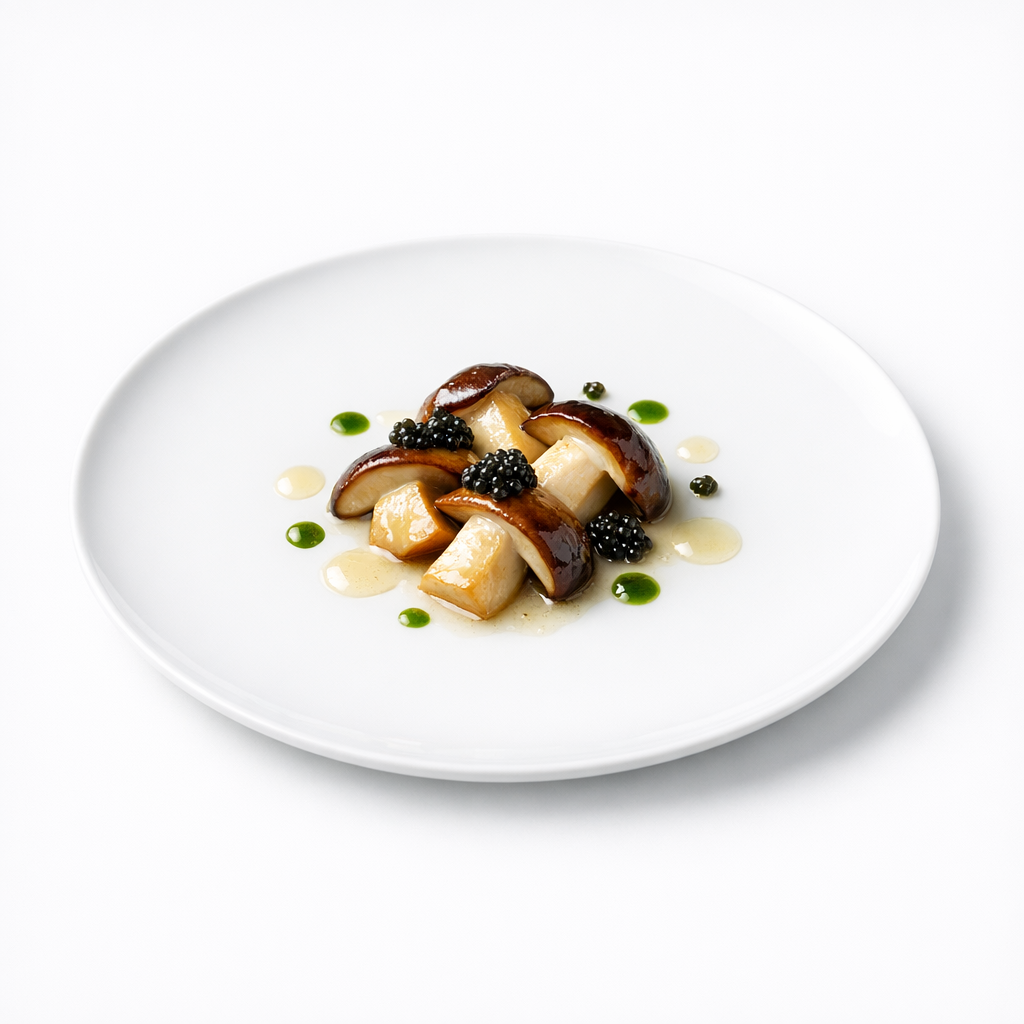 Mikropräzise angerichtete Steinpilze mit hellem Koji-Lack, Kimchi-Blatt-Öl und Kaviar auf weißem Teller