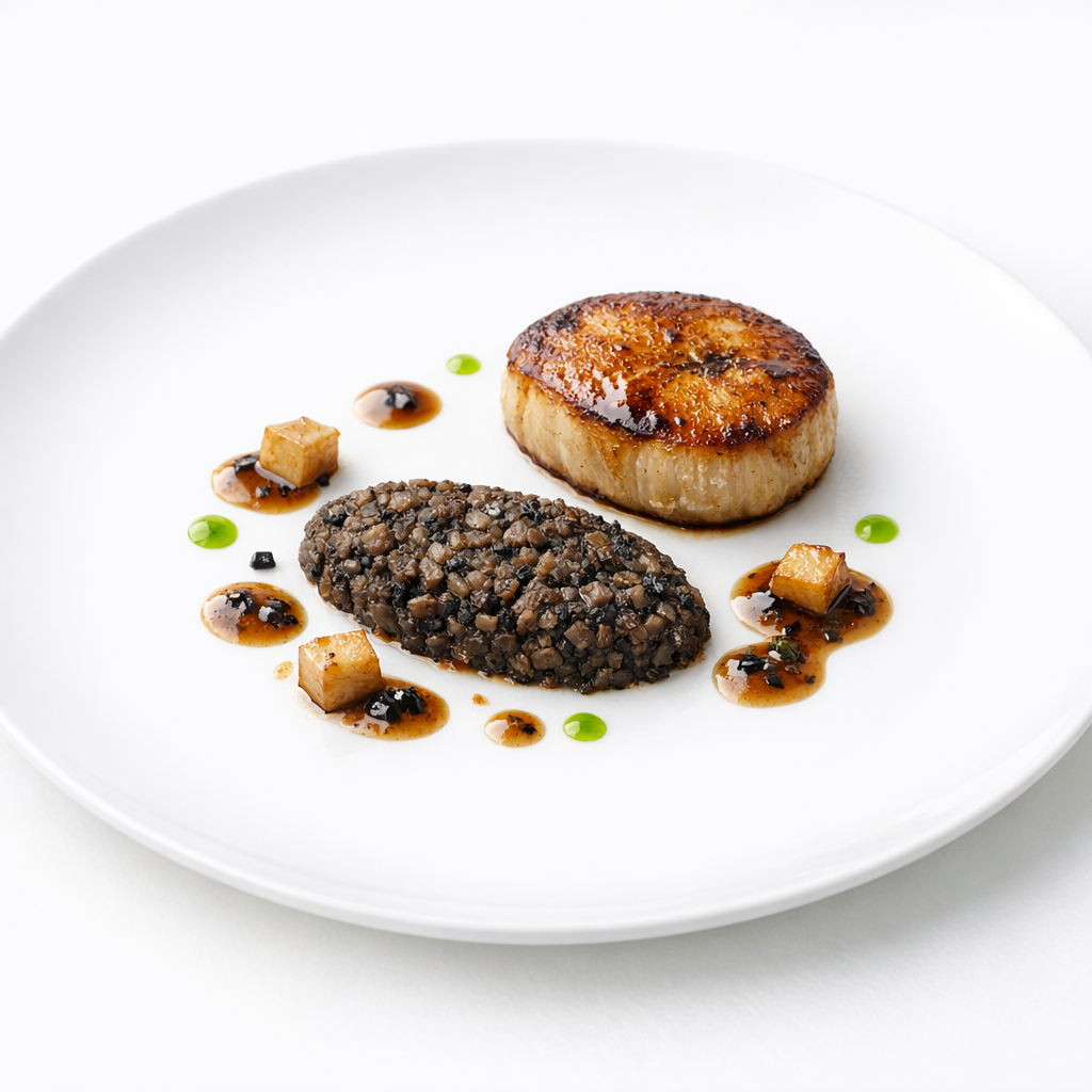 Luxuriös reduziertes Steinpilzgericht mit Sauce Périgueux, Estragon und Madeira auf weißem Teller