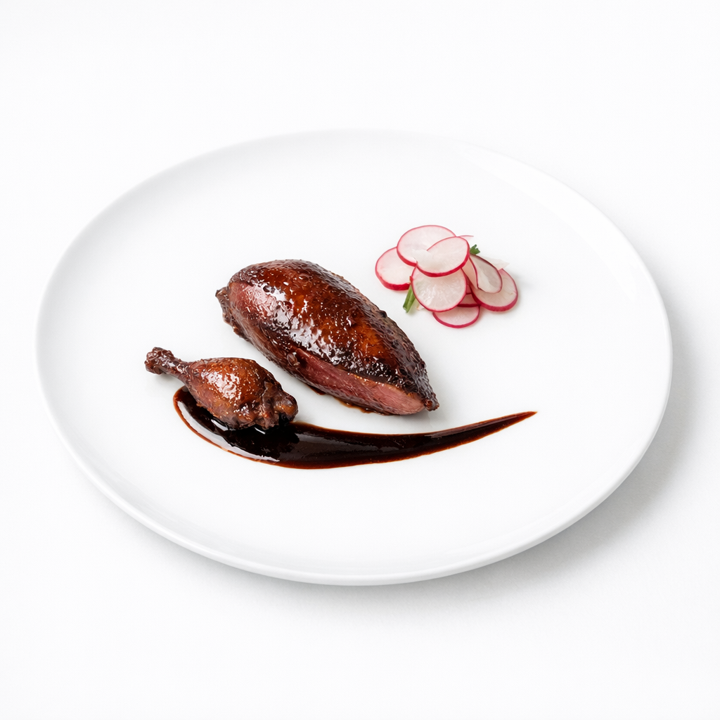 Präzise glasierte Taube auf weißem Teller mit viel Weißraum, klassisch-französisch und radikal reduziert angerichtet.