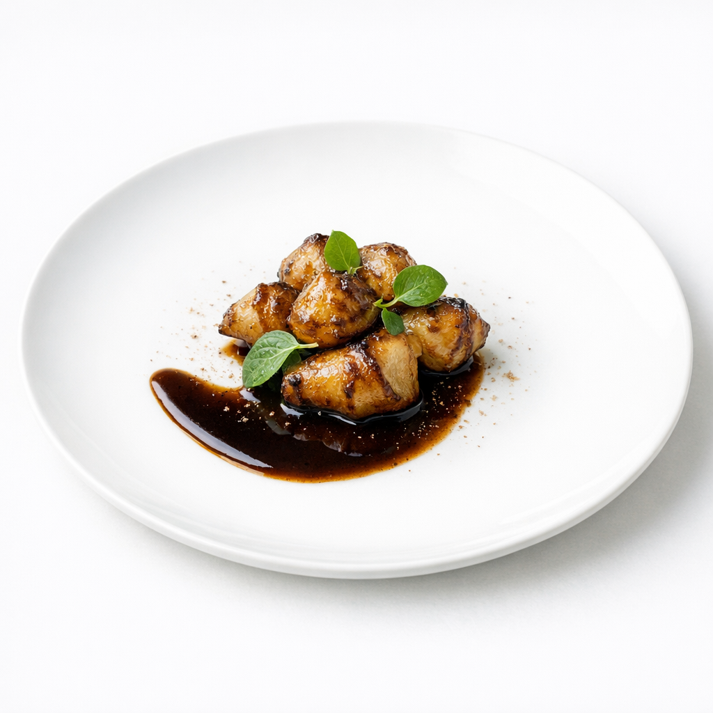 Präzise glasierter Topinambur auf weißem Teller mit dunklem Trüffeljus und feinem Pfefferblatt, minimalistisch angerichtet auf hellem Hintergrund.