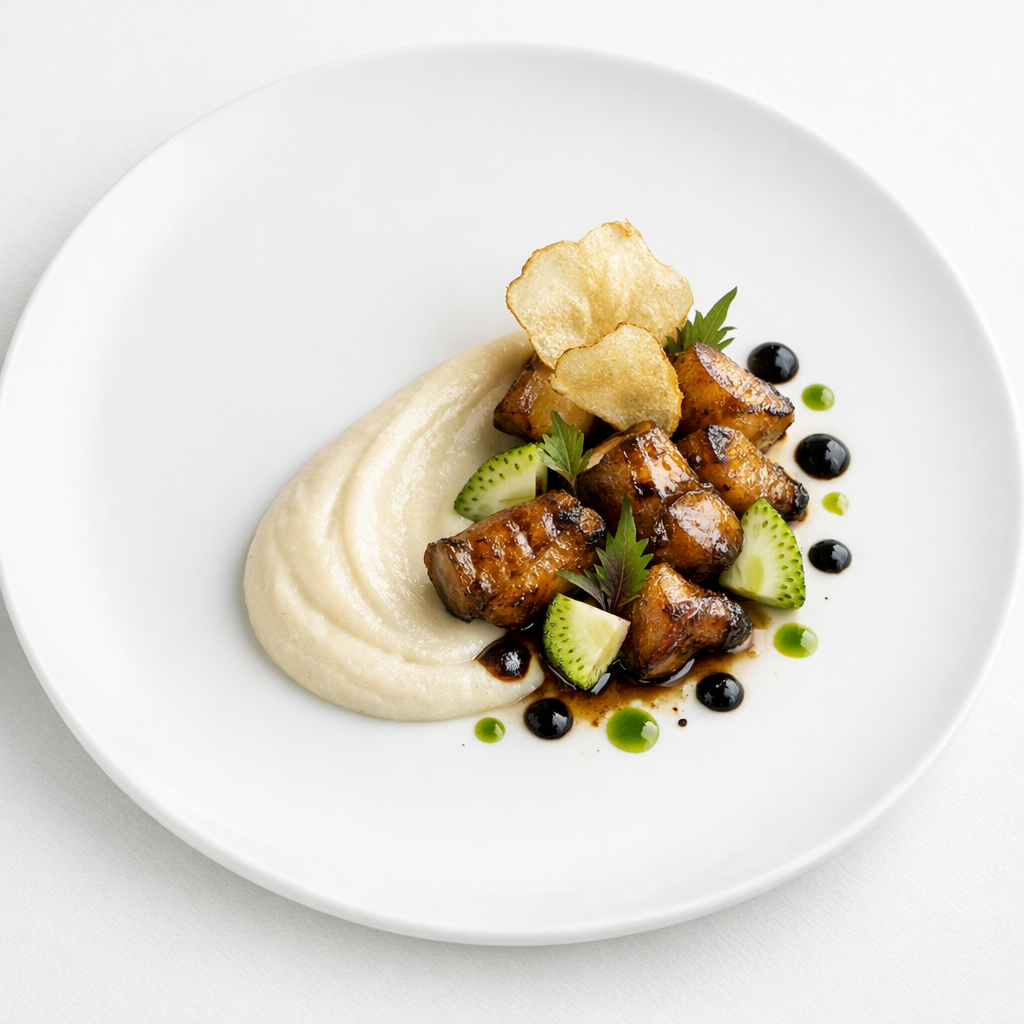 Topinambur in feinem Editorial-Plating mit Shiso, schwarzem Knoblauch und grüner Erdbeere auf weißem Teller