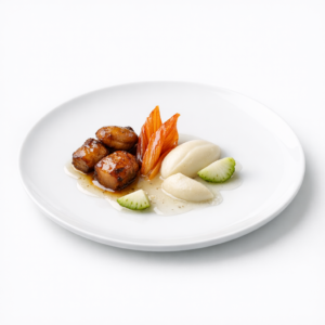 Präzise angerichteter Topinambur mit heller Creme, grünen Erdbeeren und Kimchi-Blatt auf weißem Teller