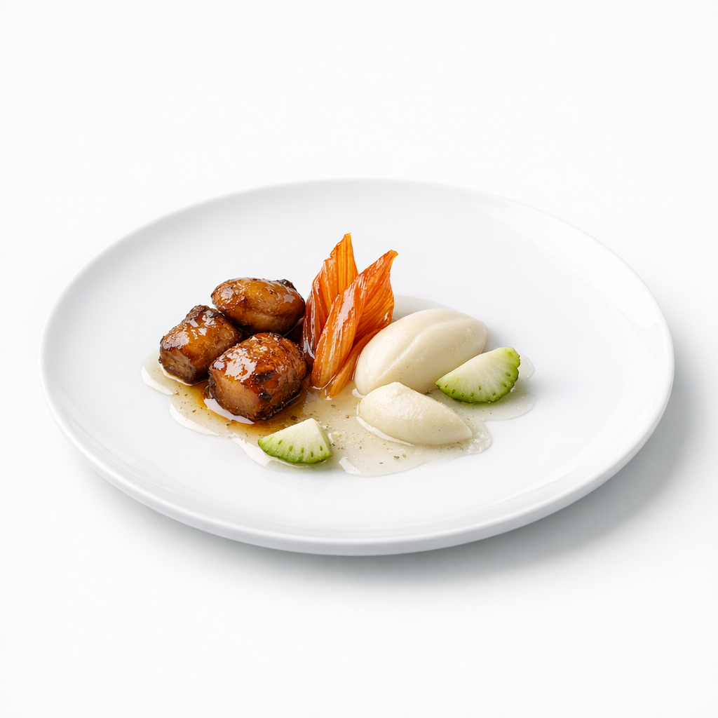 Präzise angerichteter Topinambur mit heller Creme, grünen Erdbeeren und Kimchi-Blatt auf weißem Teller