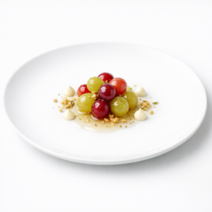 Glasierte Trauben mit Vanillecreme, Fenchelsaat-Crumble und heller Reduktion auf weißem Teller