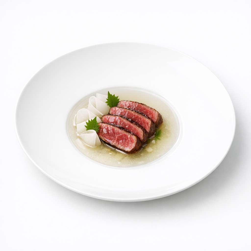 Präzise angerichtetes Wagyu auf weißem Teller mit klarem Dashi, heller Koji-Glasur und geräucherter Molke in minimalistischer Präsentation