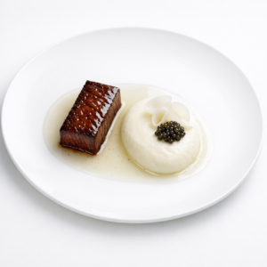 Wagyu mit Koji-Malz, heller Vanilleblattfond und Osietra-Kaviar auf weißem Teller, minimalistisch angerichtet