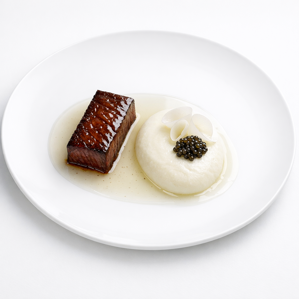 Wagyu mit Koji-Malz, heller Vanilleblattfond und Osietra-Kaviar auf weißem Teller, minimalistisch angerichtet