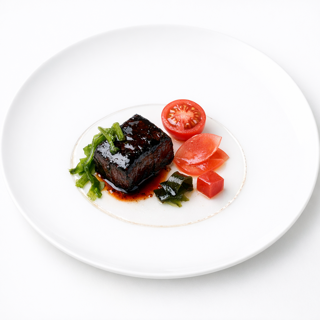 Lackiertes Wagyu mit Amela-Tomate, Tomatenessig und glänzender Kombu-Koji-Glasur auf weißem Teller
