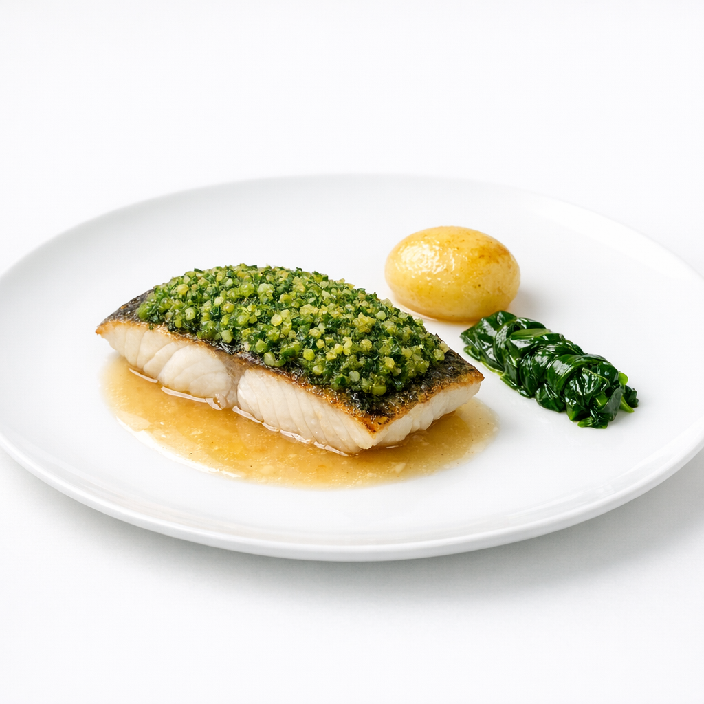 Wolfsbarsch mit Estragon-Olivenkruste und heller Miso-Essenz auf weißem Teller, präzise angerichtet mit viel Weißraum
